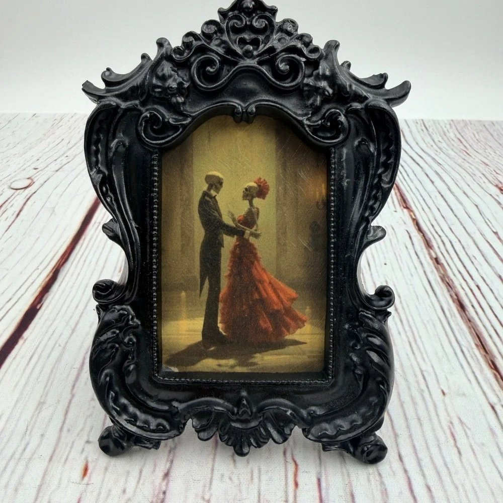 Gothic Skeleton Couple Dancing Art Print in Ornate Black Resin Frame